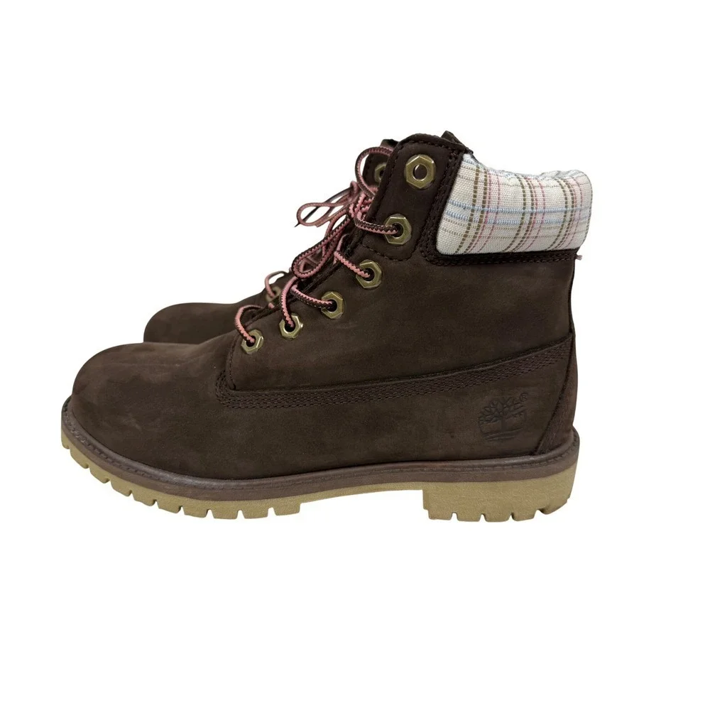 Timberland Boys Boots, Printed Pink Plaid Collar, Chocolate Brown, Size 6